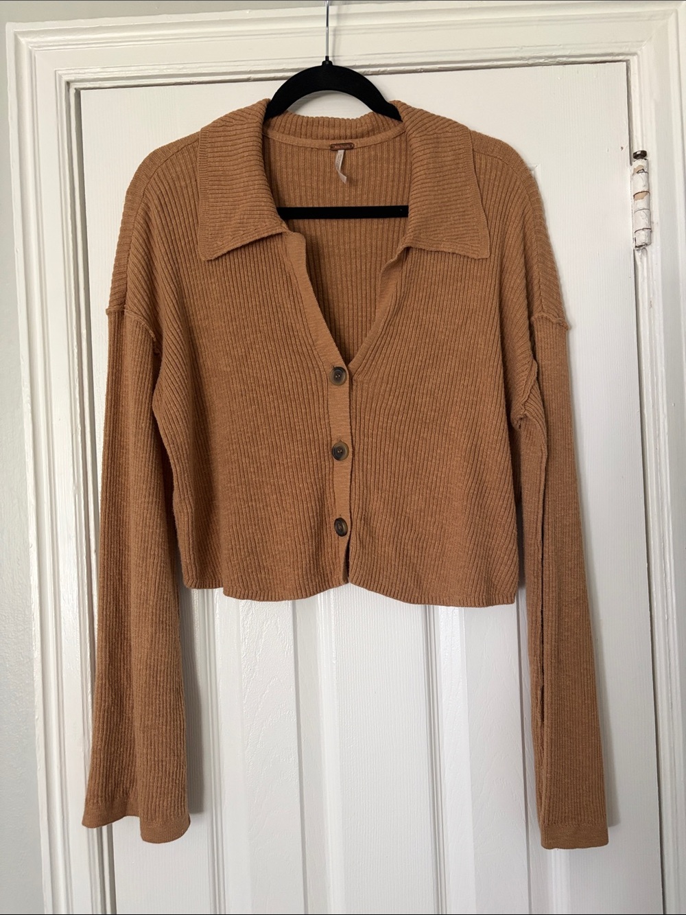Free People Cropped Rib Knit Button Cardigan - Camel/Tan